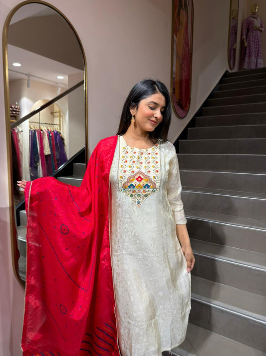 Off White Embroidered Kurta Set with Red Dupatta for Women | Elegant Festive Ethnic Wear