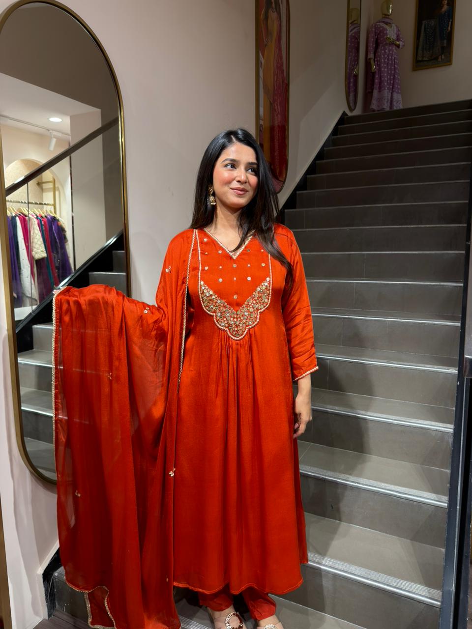 Rust Orange Embroidered Anarkali Kurta Set with Dupatta for Women | Festive & Wedding Wear