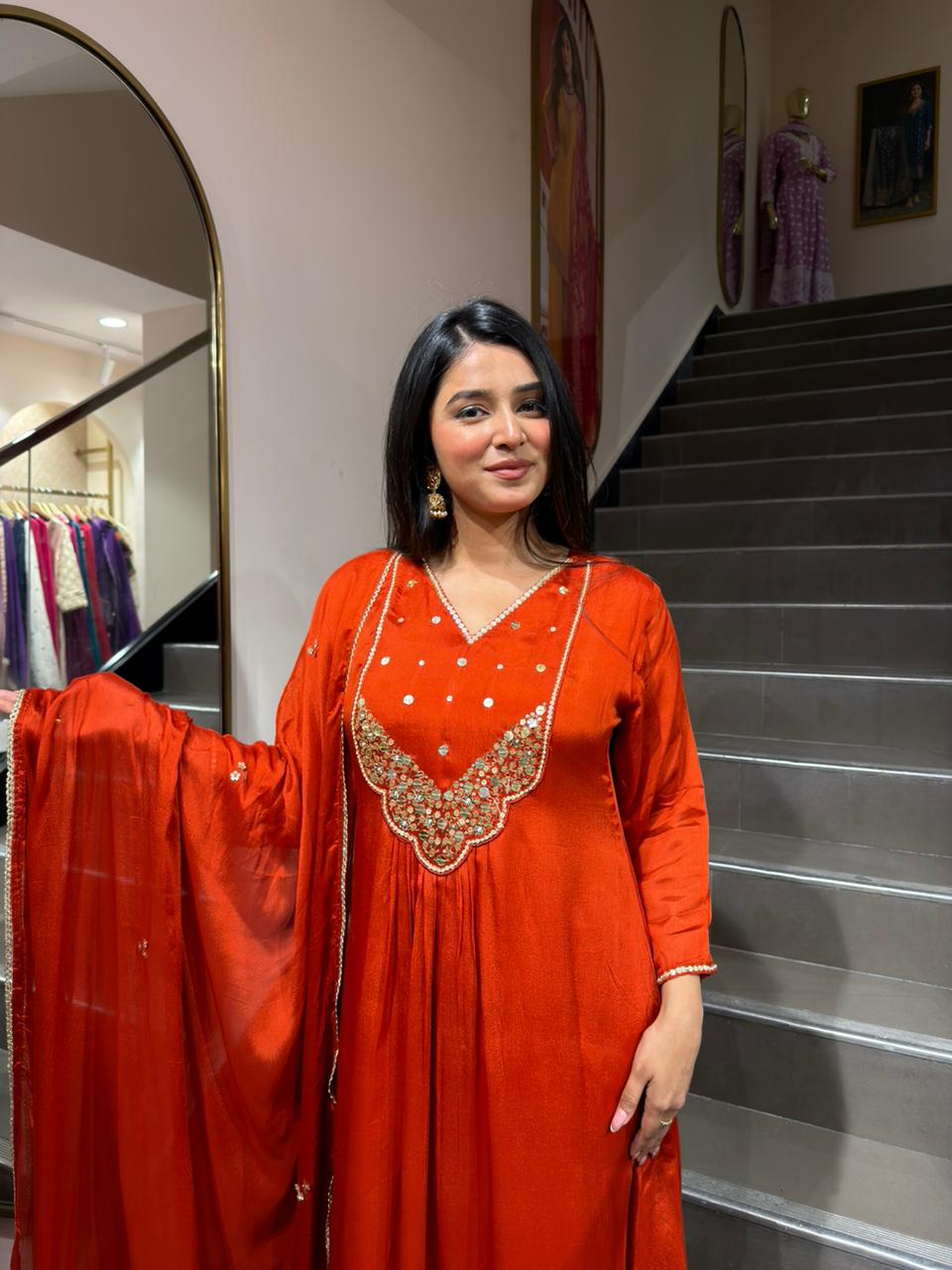 Rust Orange Embroidered Anarkali Kurta Set with Dupatta for Women | Festive & Wedding Wear
