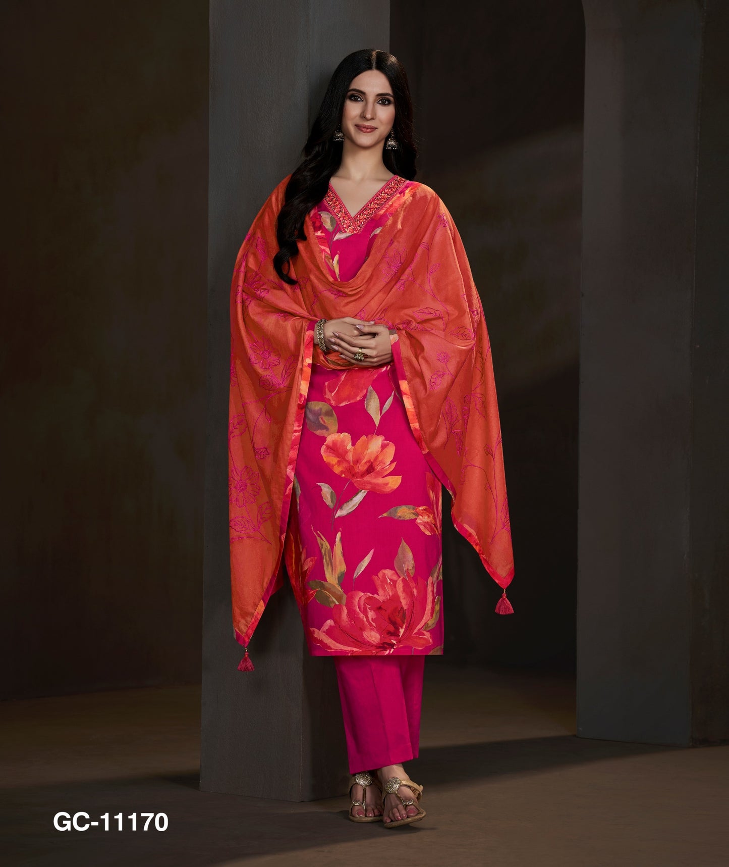Hot Pink Floral Printed Kurta Set with Orange Dupatta for Women | Festive & Wedding Wear Suit