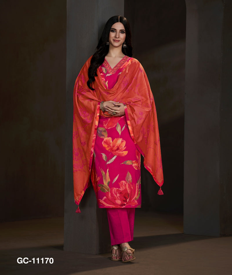 Hot Pink Floral Printed Kurta Set with Orange Dupatta for Women | Festive & Wedding Wear Suit