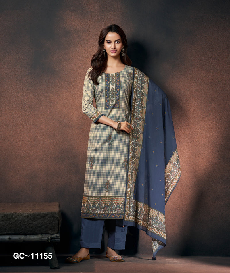 Beige & Blue Printed Kurta Set with Dupatta for Women | Elegant Ethnic Suit Set
