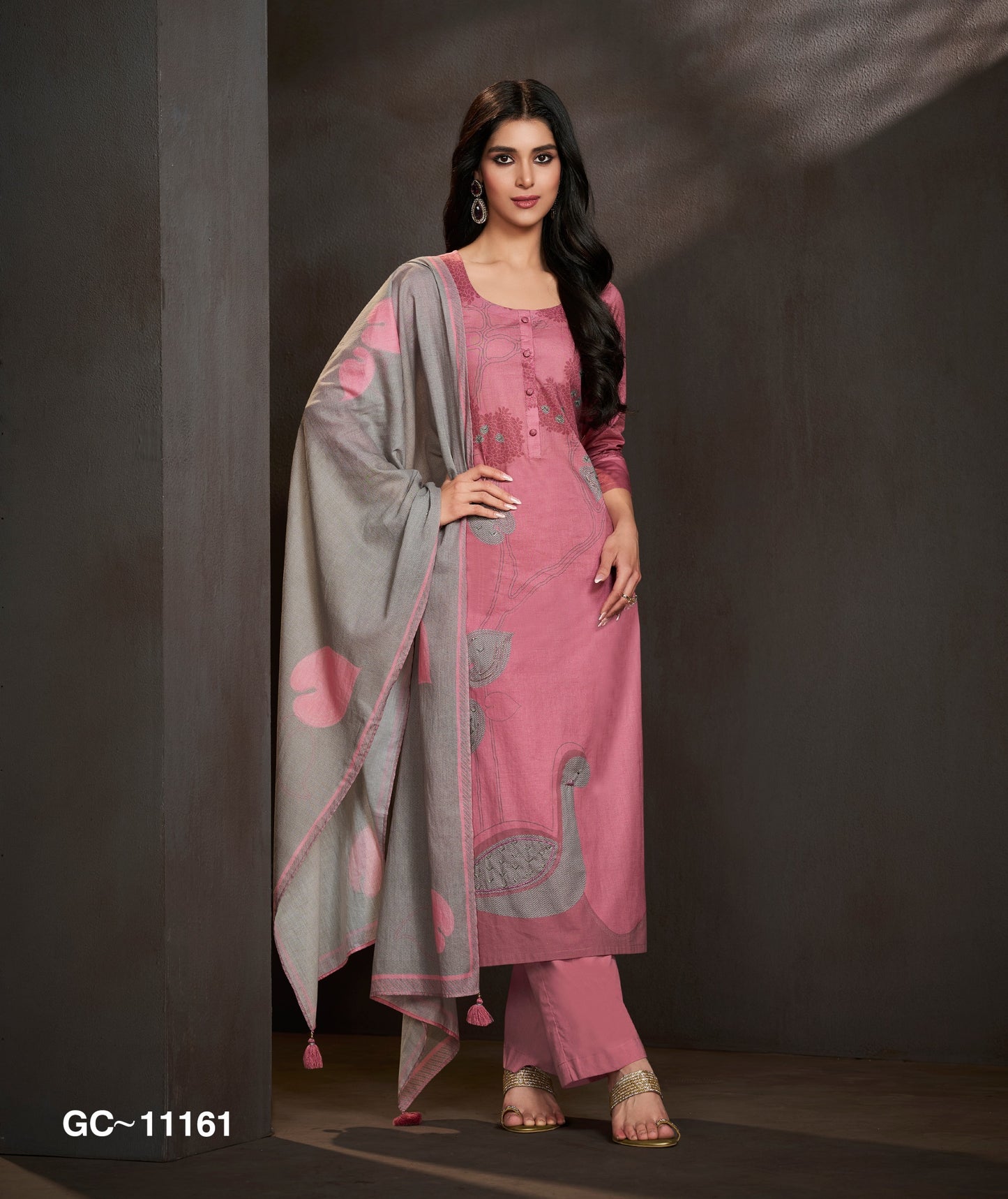 Dusty Pink & Grey Printed Kurta Set with Dupatta for Women | Elegant Pastel Ethnic Wear