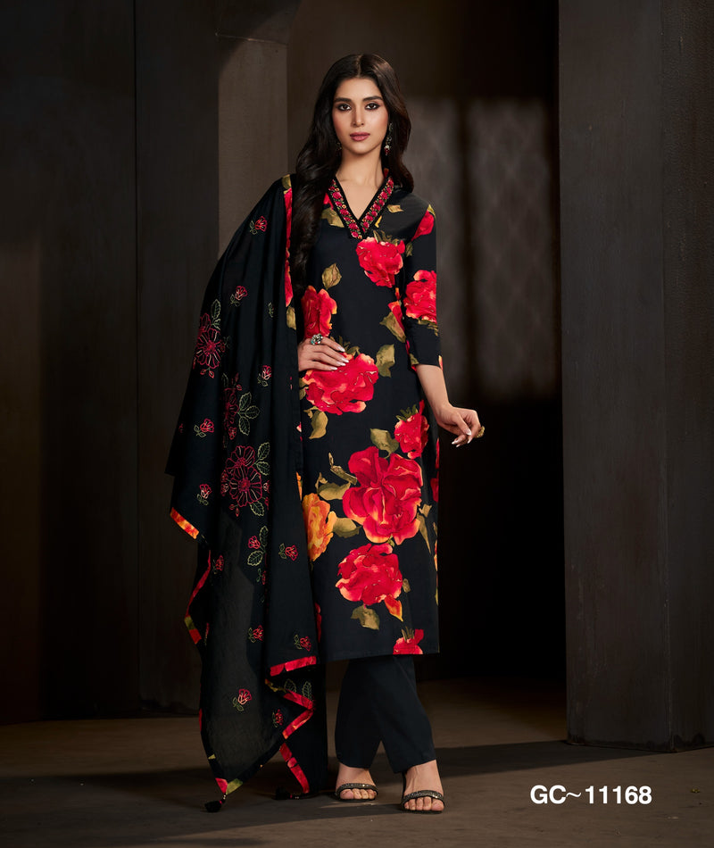 Black Floral Printed Kurta Set with Dupatta for Women | Elegant Festive & Party Wear Suit