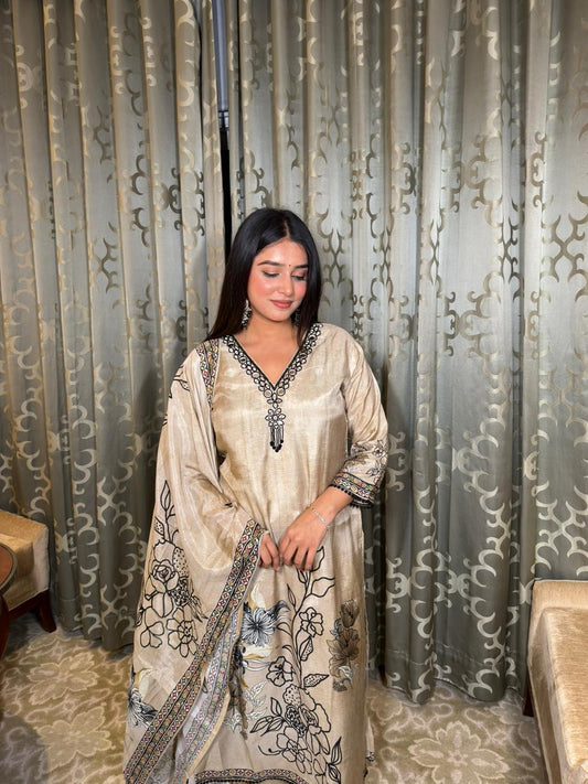 Beige Floral Printed Kurta Set with Dupatta for Women | Elegant Festive Ethnic Wear