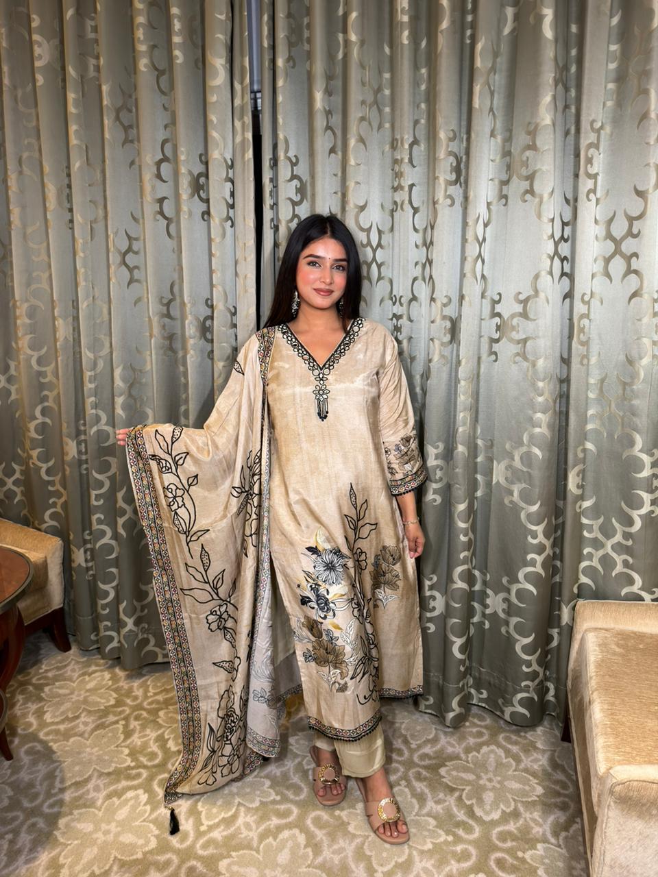 Beige Floral Printed Kurta Set with Dupatta for Women | Elegant Festive Ethnic Wear