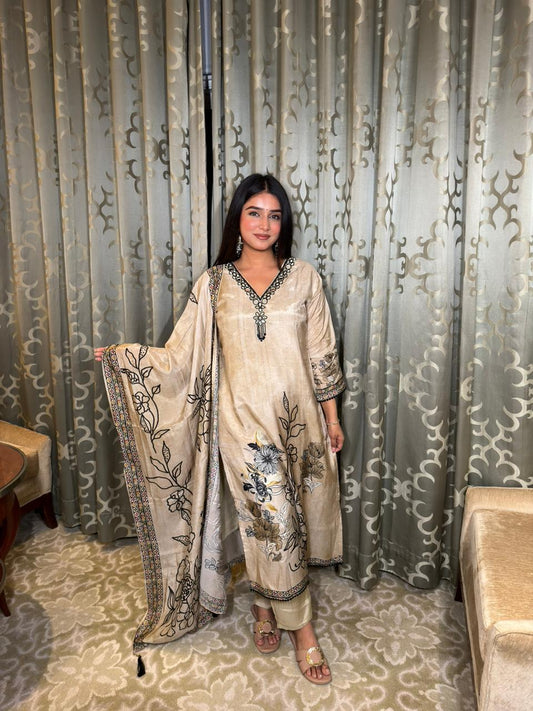 Beige Floral Printed Kurta Set with Dupatta for Women | Elegant Festive Ethnic Wear