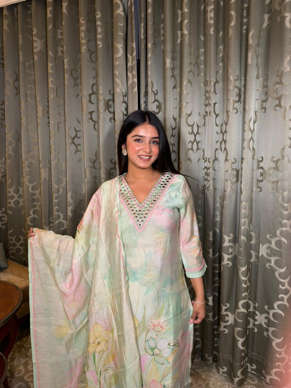 Pastel Mint Floral Printed Kurta Set with Dupatta – Lightweight Summer Ethnic Wear