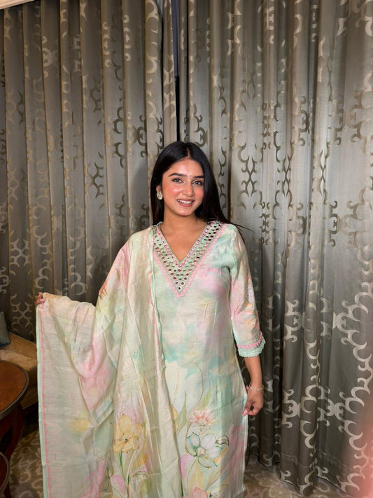 Pastel Mint Floral Printed Kurta Set with Dupatta – Lightweight Summer Ethnic Wear
