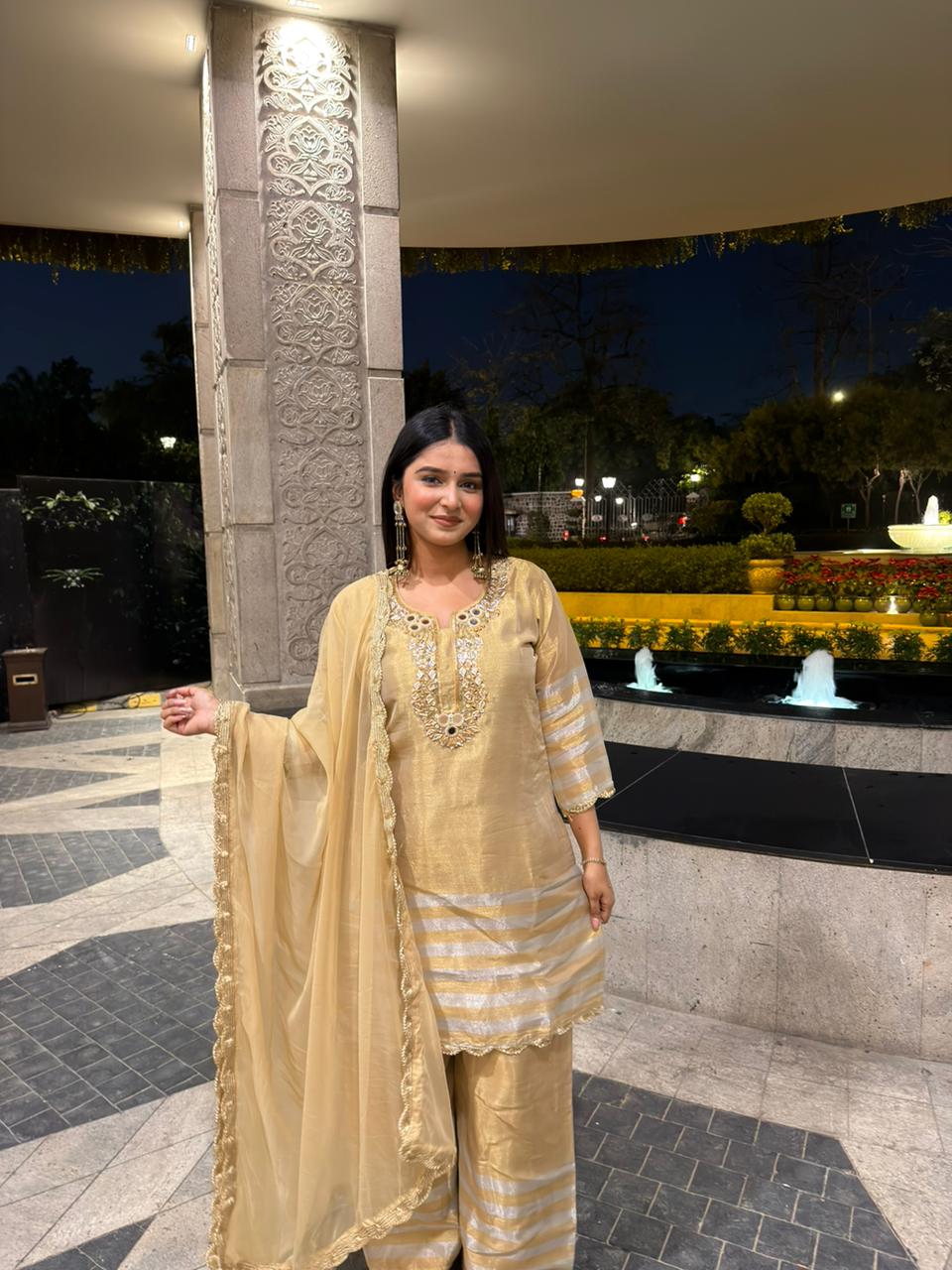 Golden Embroidered Silk Kurta Set with Organza Dupatta – Luxury Festive Wear for Women