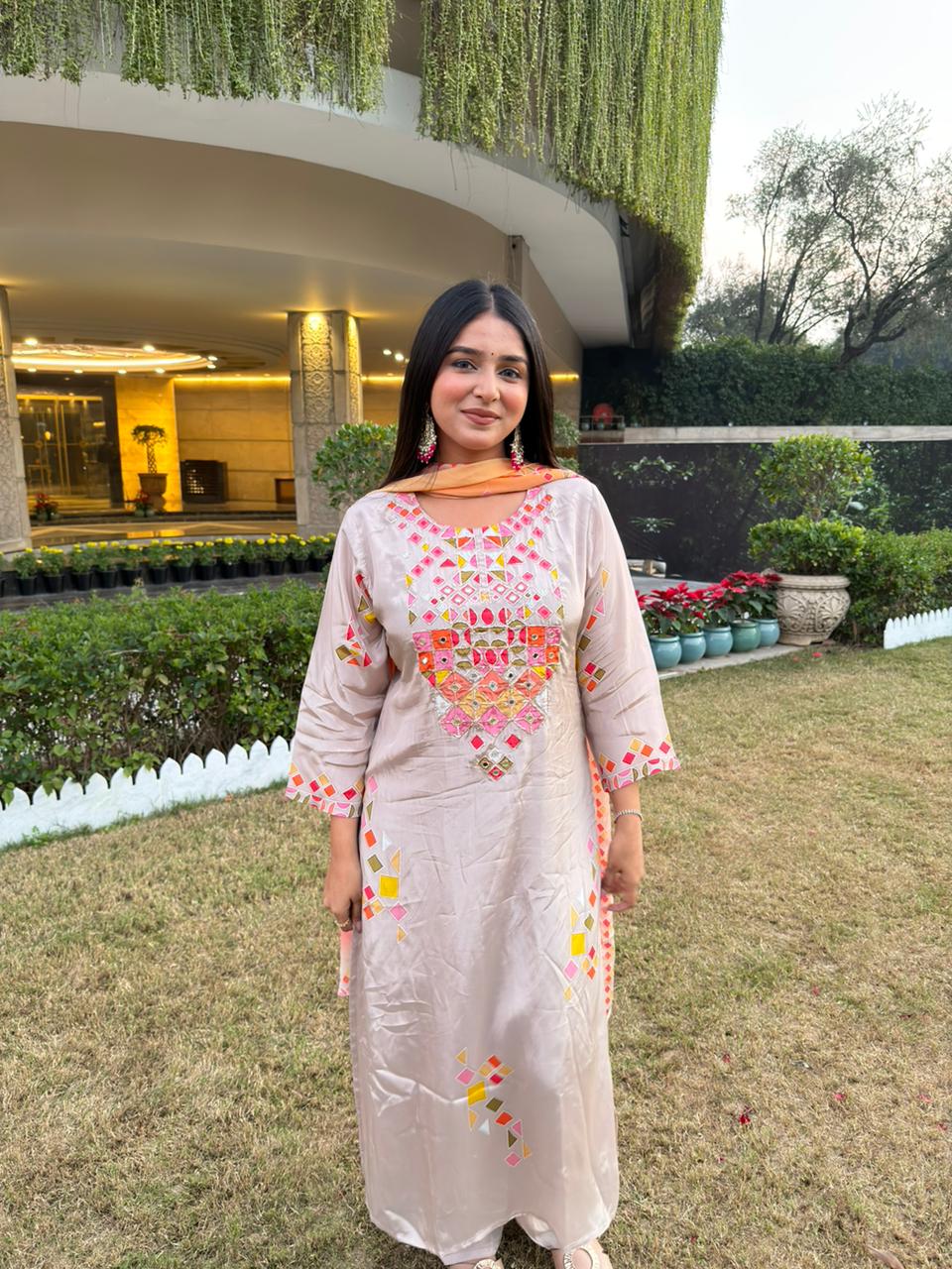 Beige Multicolor Embroidered Kurta Set with Dupatta – Trendy Festive Wear for Women