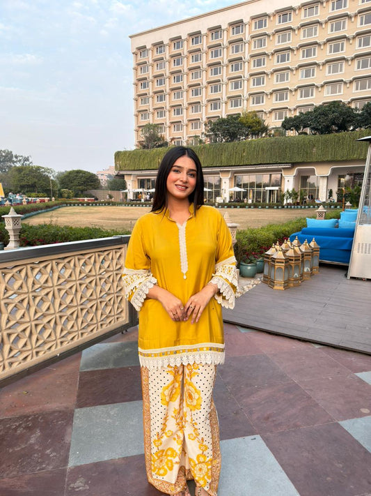 Mustard Yellow Kurta with Printed Palazzo Set for Women | Festive & Casual Ethnic Wear