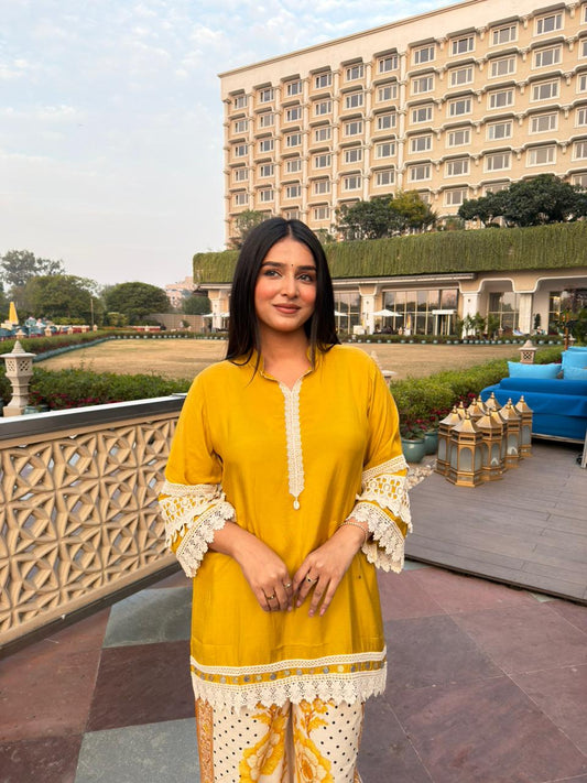 Mustard Yellow Kurta with Printed Palazzo Set for Women | Festive & Casual Ethnic Wear