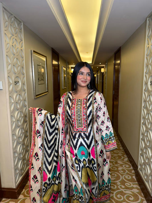 Beige Multicolor Ikat Printed Kurta Set with Dupatta for Women | Festive & Party Wear