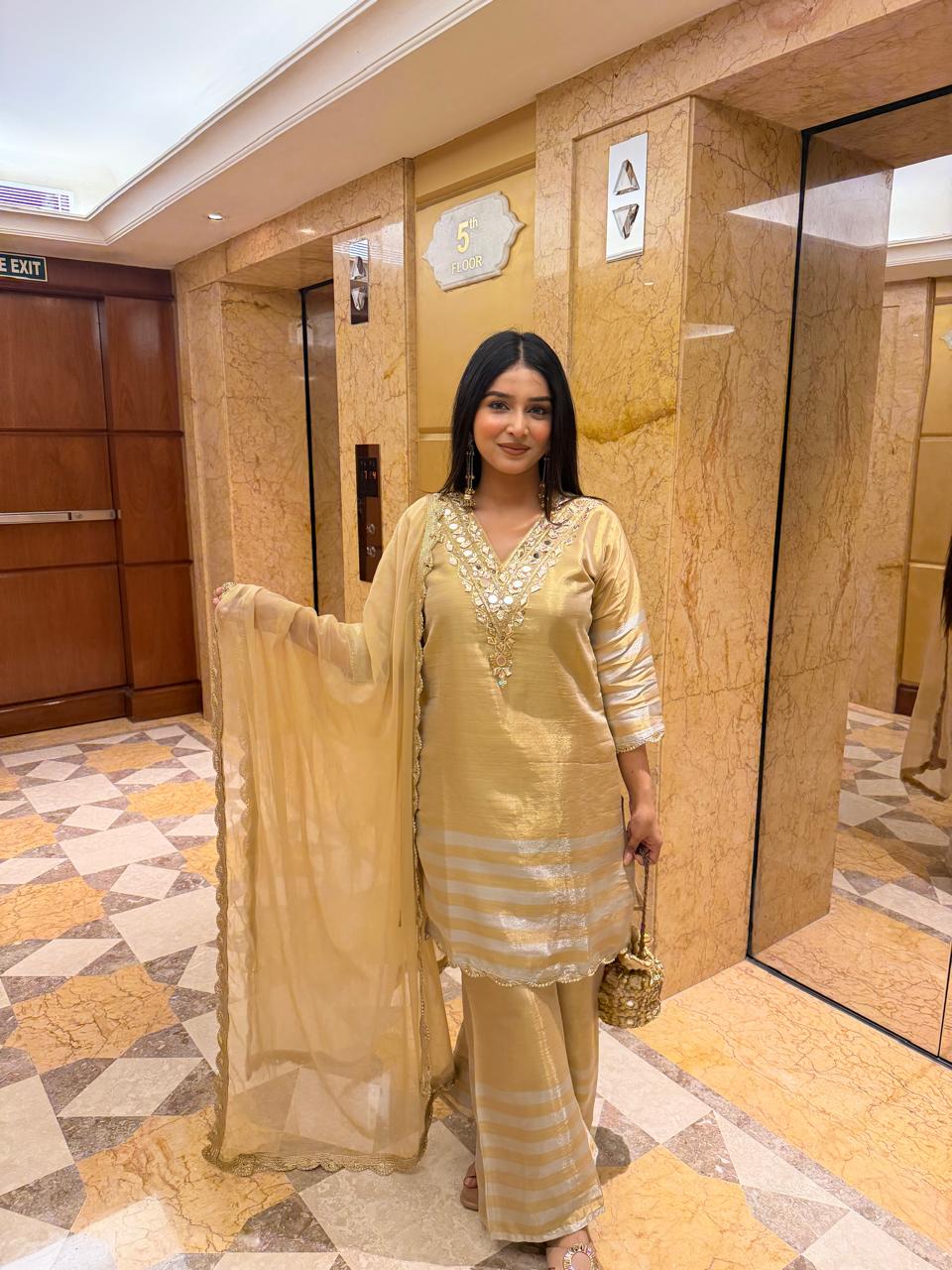 Golden Mirror Work Kurta Set with Organza Dupatta – Luxury Wedding Wear for Women