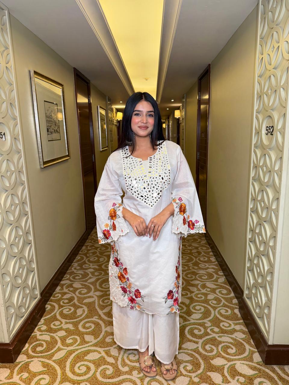 White Floral Embroidered Kurta Set – Elegant Minimal Ethnic Wear for Women
