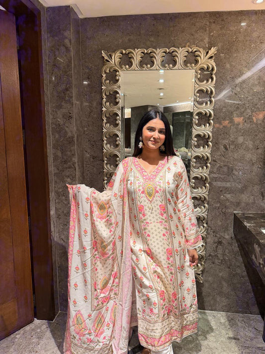 Elegant Beige Floral Printed Suit Set with Dupatta for Women | Festive Ethnic Wear