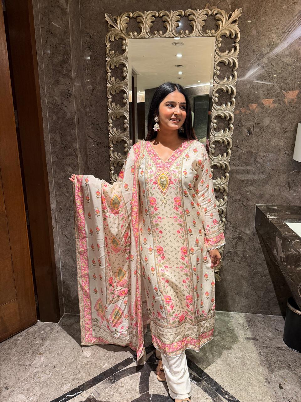 Elegant Beige Floral Printed Suit Set with Dupatta for Women | Festive Ethnic Wear