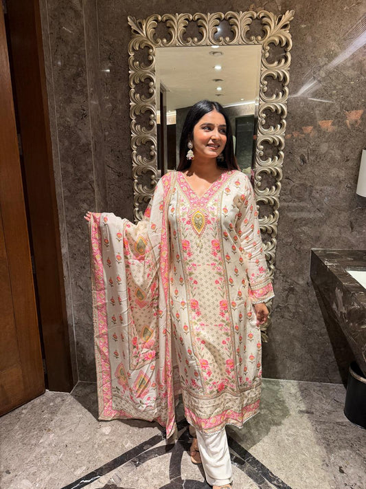 Elegant Beige Floral Printed Suit Set with Dupatta for Women | Festive Ethnic Wear