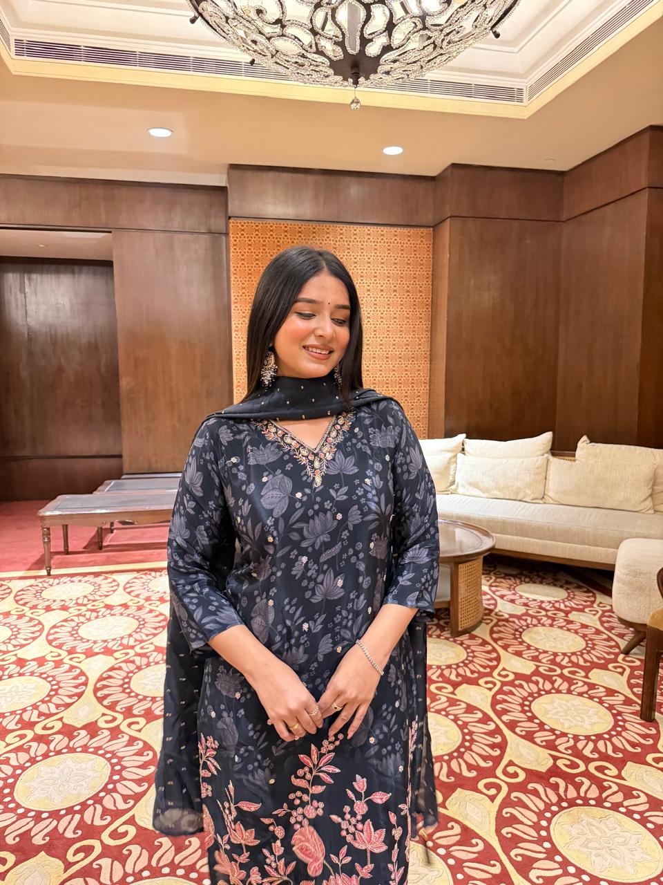 Elegant Black Floral Printed Kurta Set with Dupatta for Women | Party & Festive Wear