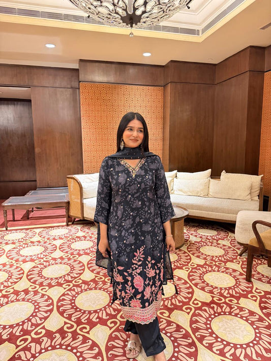 Elegant Black Floral Printed Kurta Set with Dupatta for Women | Party & Festive Wear