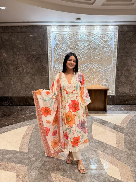 Elegant Floral Printed Lawn 3 Piece Suit with Embroidered Neck & Dupatta – Summer Collection