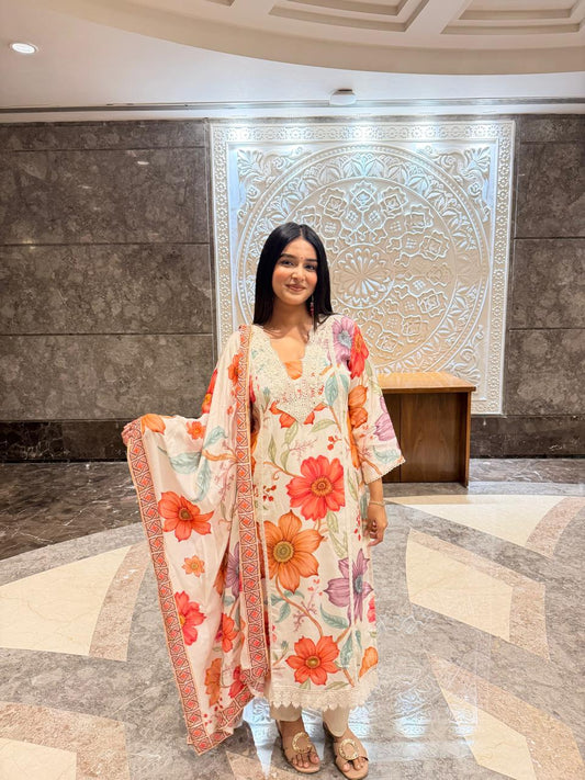 Elegant Floral Printed Lawn 3 Piece Suit with Embroidered Neck & Dupatta – Summer Collection