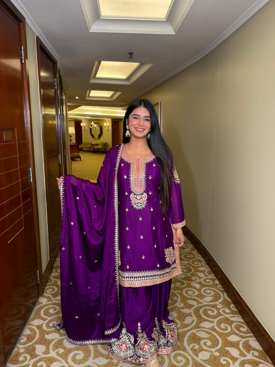 Women Royal Purple Embroidered Kurta Sharara Set with Dupatta | Festive & Wedding Wear