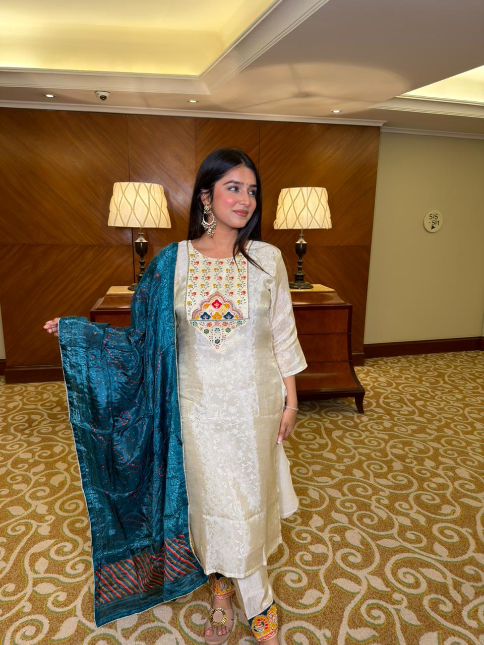 Women Off-White Embroidered Kurta Set with Teal Dupatta | Elegant Festive Ethnic Wear