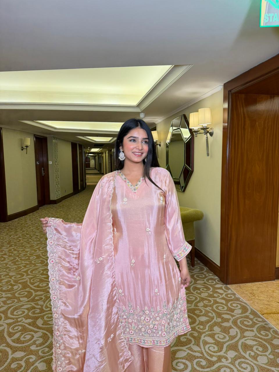 Women Blush Pink Embroidered Kurta Palazzo Set with Dupatta | Premium Wedding & Festive Wear