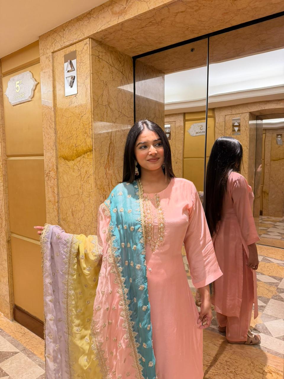 Women Peach Kurta Set with Multicolor Embroidered Dupatta | Trendy Festive Ethnic Wear
