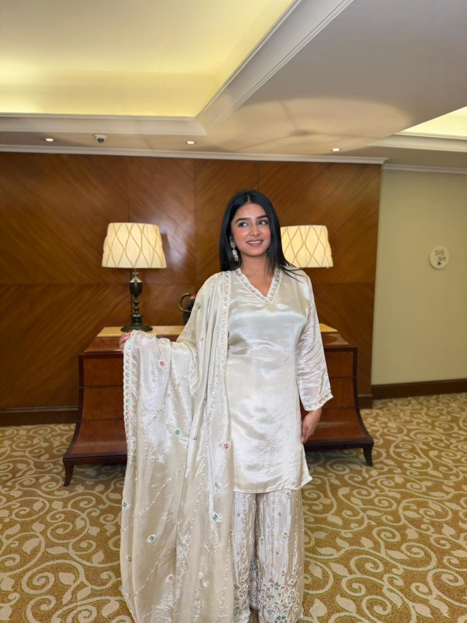Women Ivory Embroidered Kurta Sharara Set with Dupatta | Premium Wedding & Festive Wear