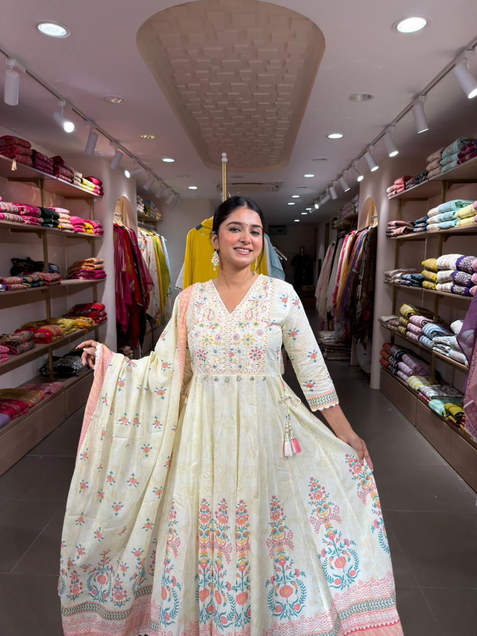 Elegant Cream Anarkali Embroidered Suit Set with Dupatta for Women | Festive Wear