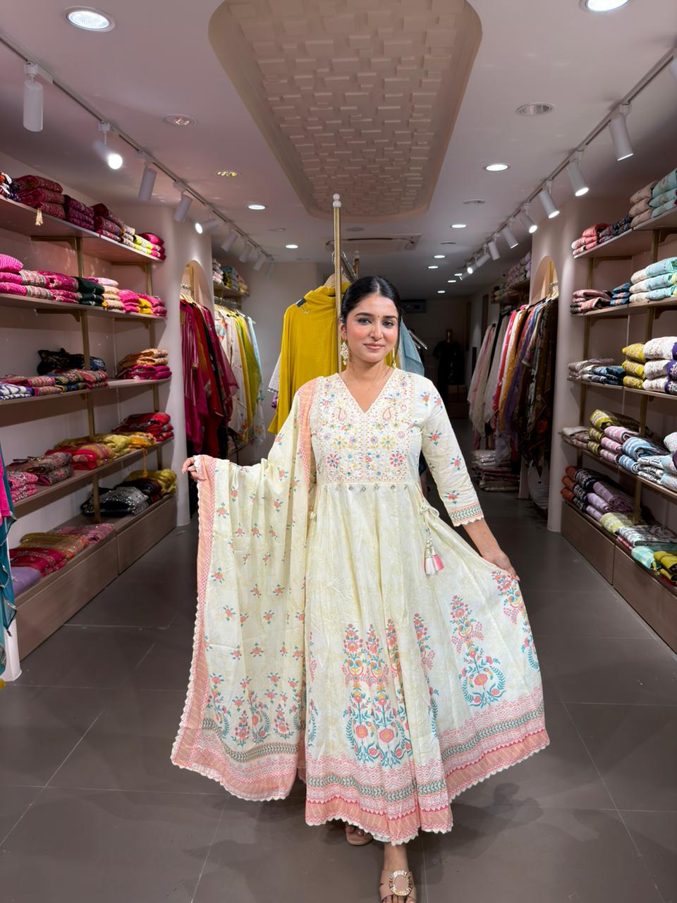 Elegant Cream Anarkali Embroidered Suit Set with Dupatta for Women | Festive Wear