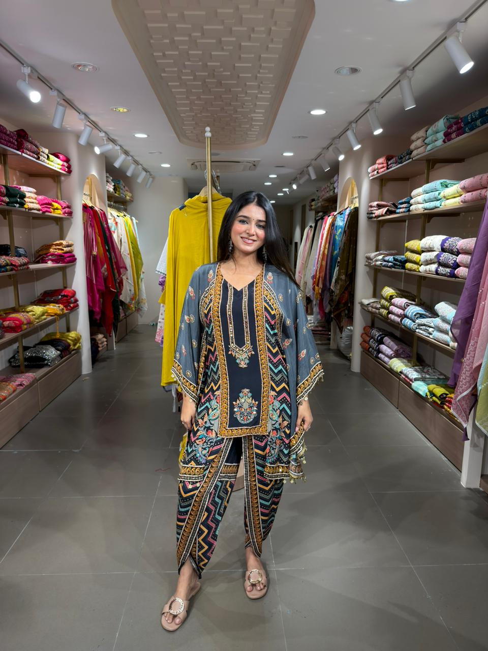 Women Navy Blue Printed Indo-Western Co-ord Set with Dupatta | Fusion Ethnic Wear