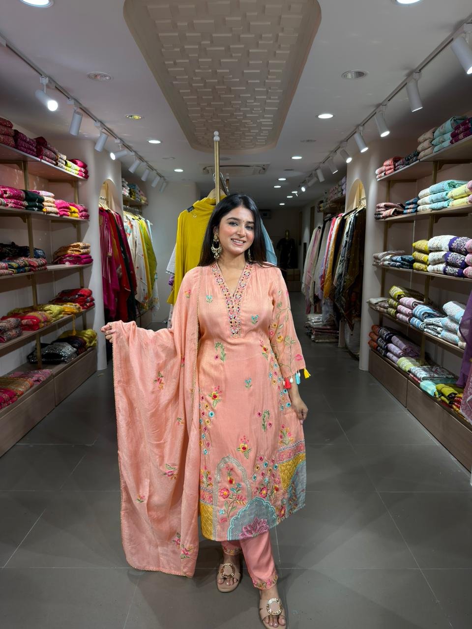 Women Peach Embroidered Kurta Set with Dupatta | Festive & Wedding Ethnic Wear