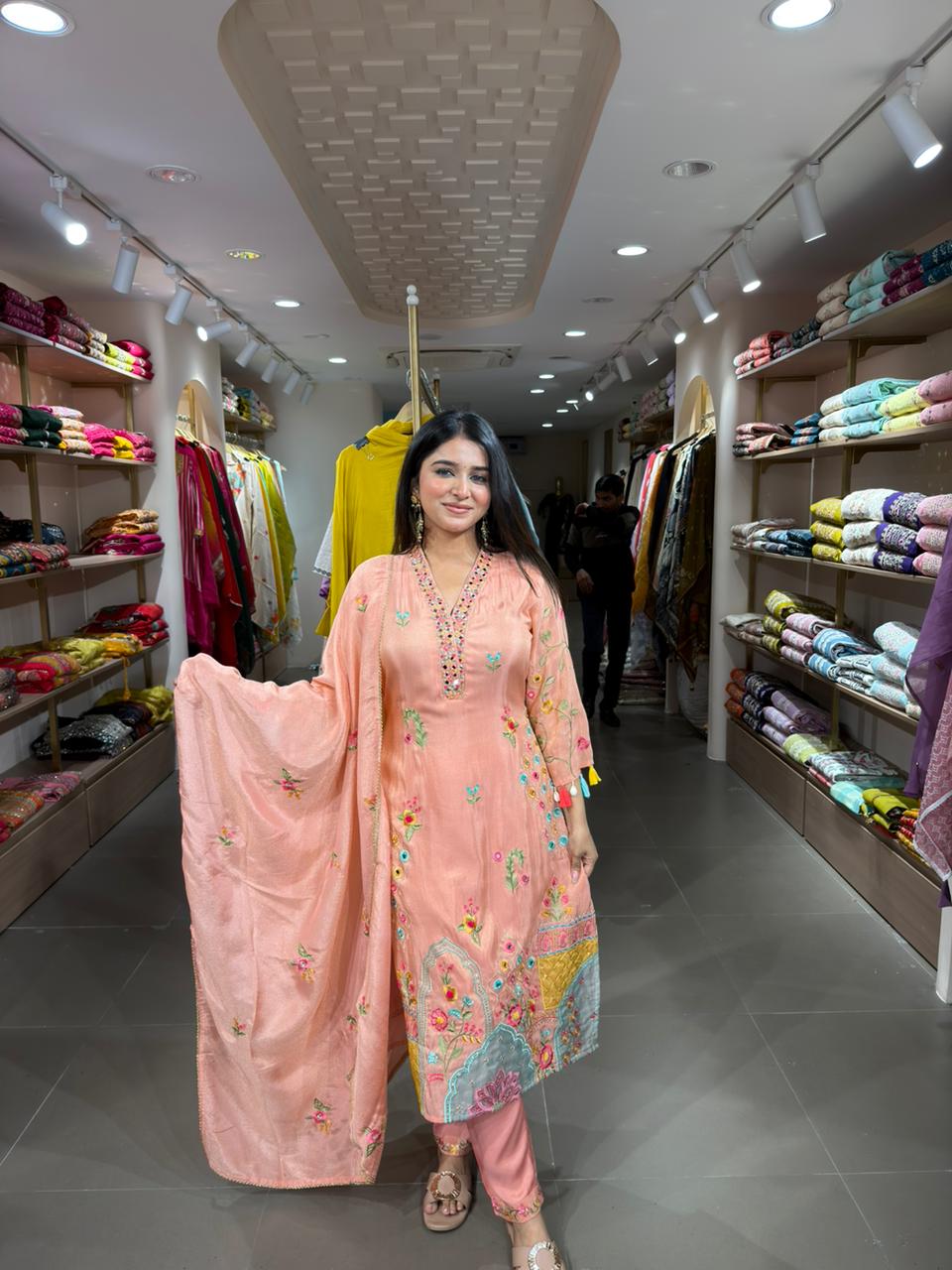 Elegant Peach Embroidered Kurta Set with Dupatta for Women | Festive Ethnic Wear