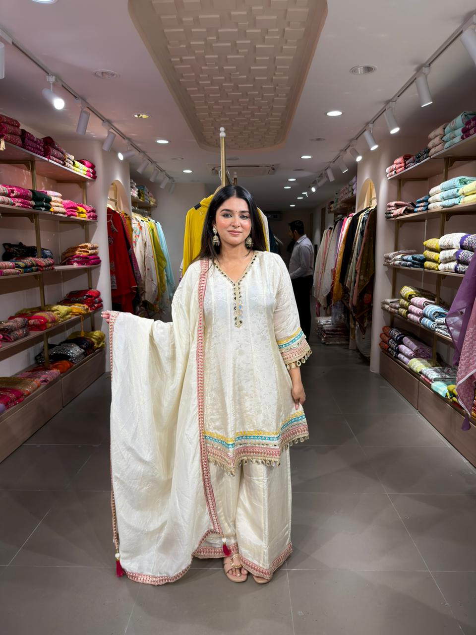 Women Ivory Embroidered Kurta Sharara Set with Dupatta | Elegant Festive Ethnic Wear