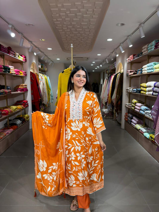Women Orange Floral Printed Cotton Kurta Set with Dupatta | Summer Casual Ethnic Wear