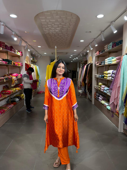 Women Orange Printed Kurta Set with Purple Embroidered Yoke – Ethnic Casual Wear