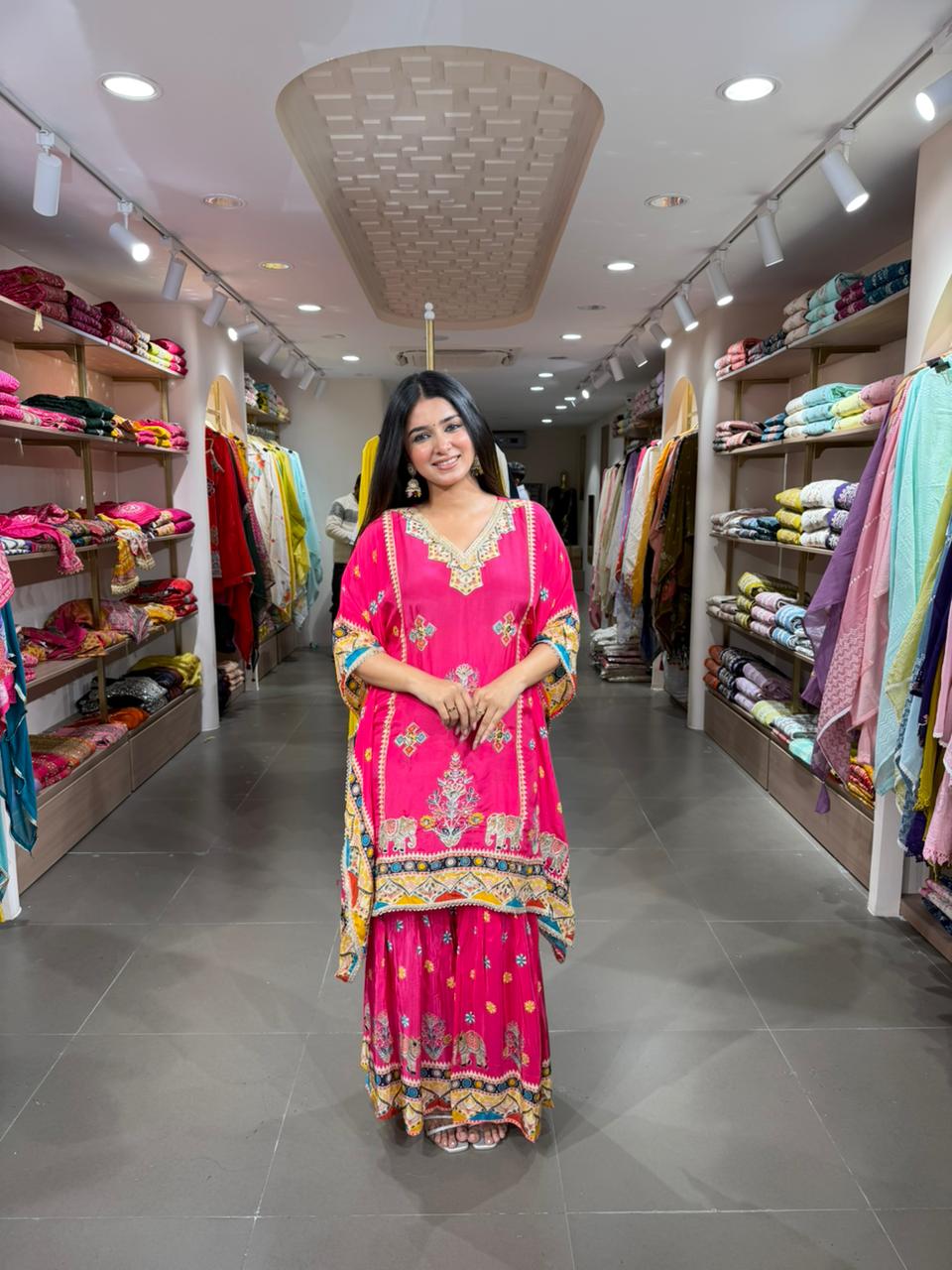 Women Rani Pink Embroidered Kurta Sharara Set – Festive Ethnic Wear