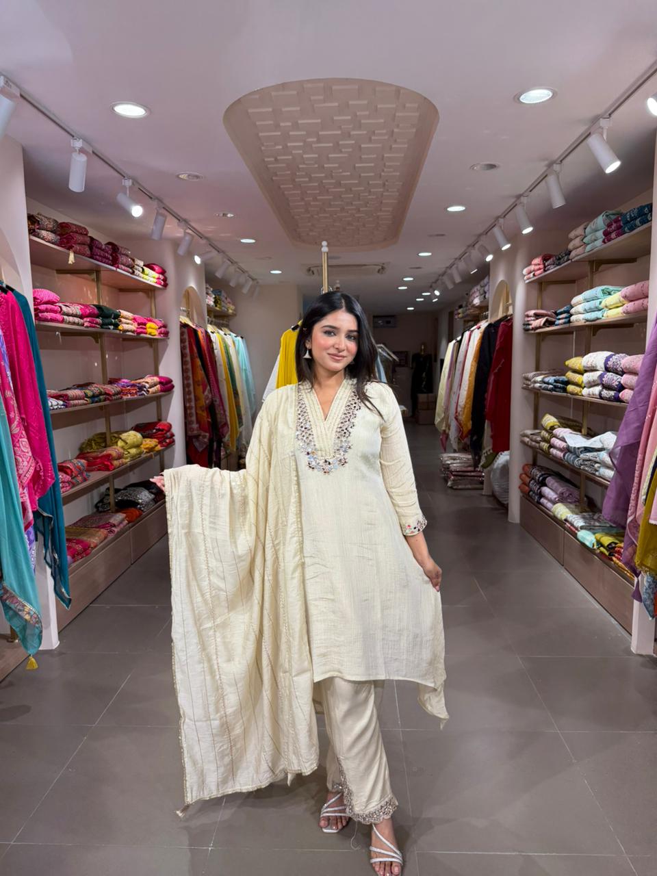 Women Off White Cotton Kurta Set with Dupatta – Minimal Elegant Ethnic Wear