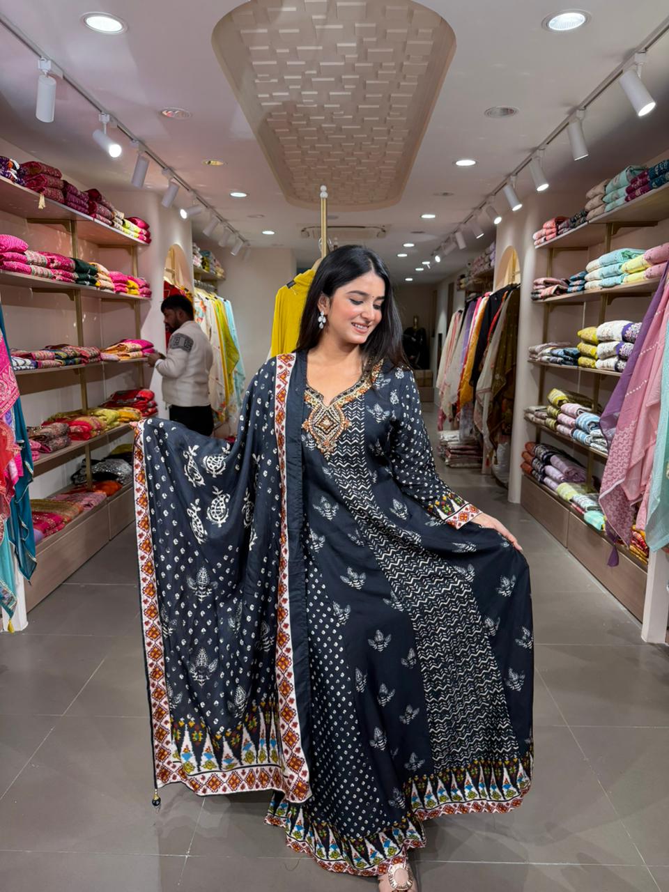 Black Printed Anarkali Kurta Set with Dupatta for Women | Ethnic Festive Wear
