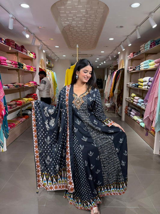 Black Printed Anarkali Kurta Set with Dupatta for Women | Ethnic Festive Wear