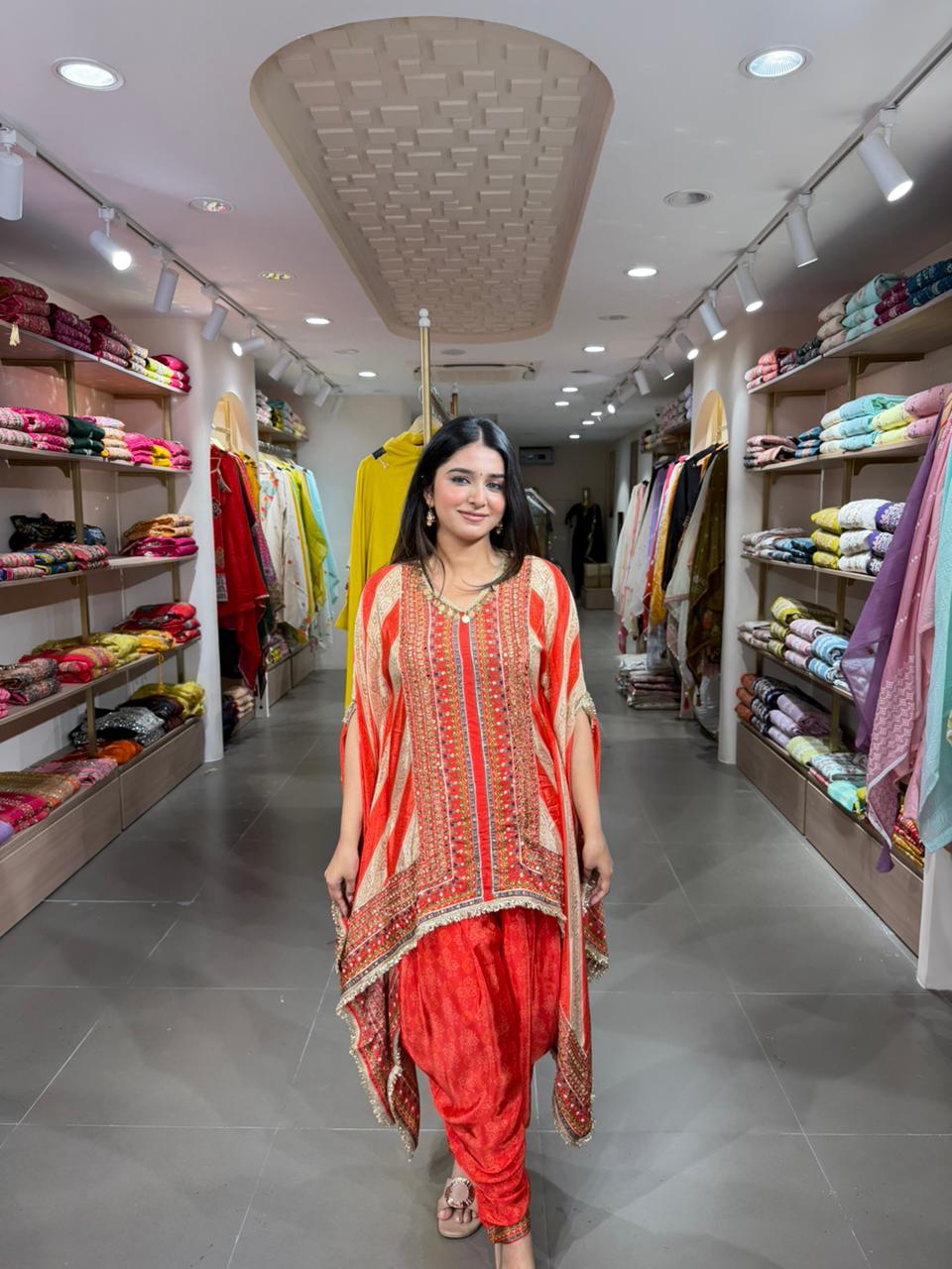 Red Printed Kaftan Kurta with Dhoti Pants for Women | Indo-Western Ethnic Set