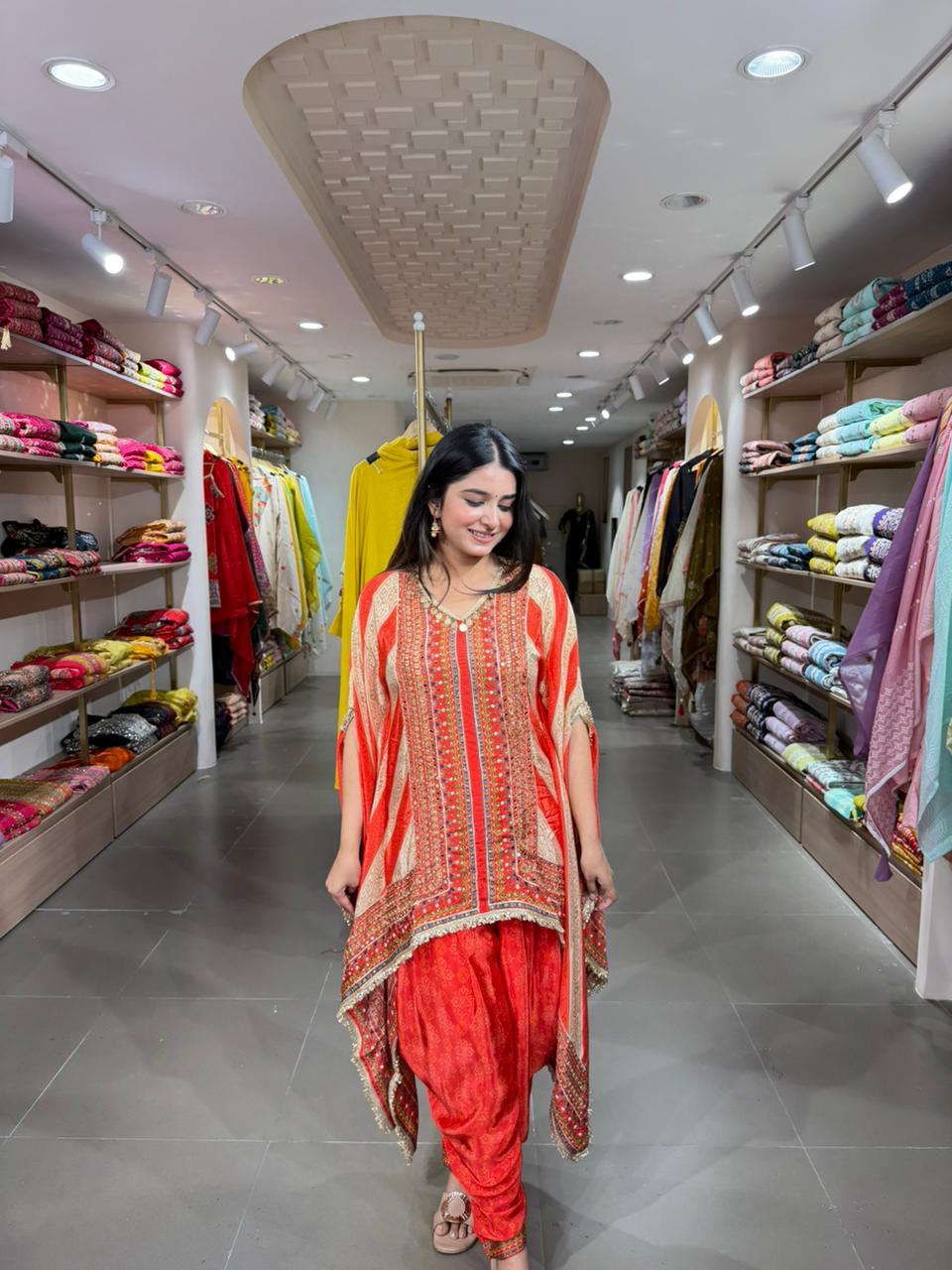 Red Printed Kaftan Kurta with Dhoti Pants for Women | Indo-Western Ethnic Set
