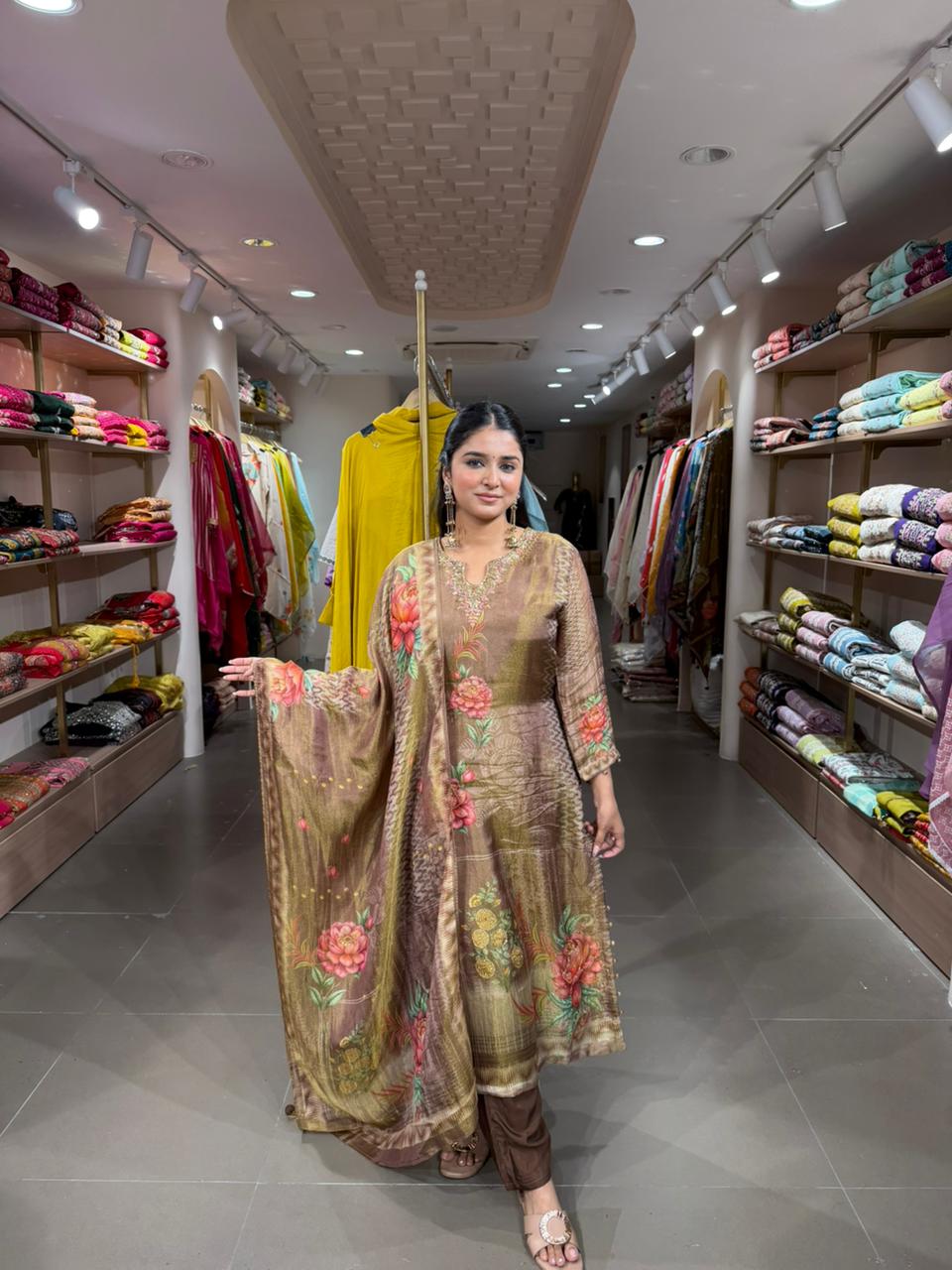 Brown Floral Printed Kurta Set with Dupatta for Women | Elegant Ethnic Wear