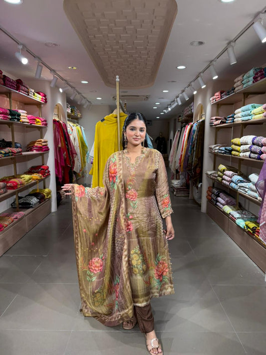 Brown Floral Printed Kurta Set with Dupatta for Women | Elegant Ethnic Wear