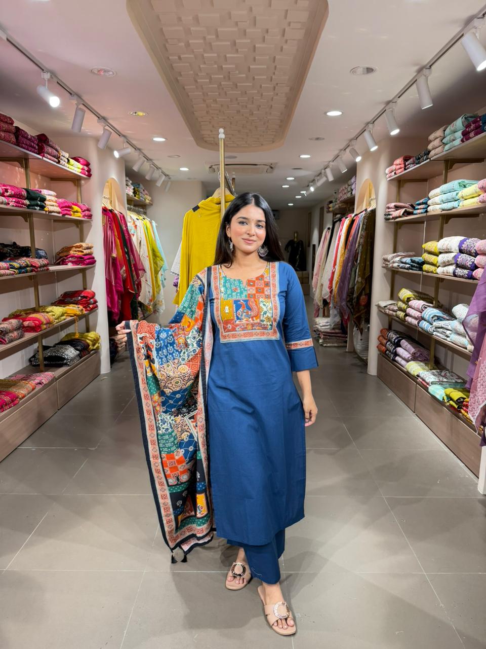 Blue Straight Kurta Set with Printed Dupatta for Women | Casual Ethnic Wear
