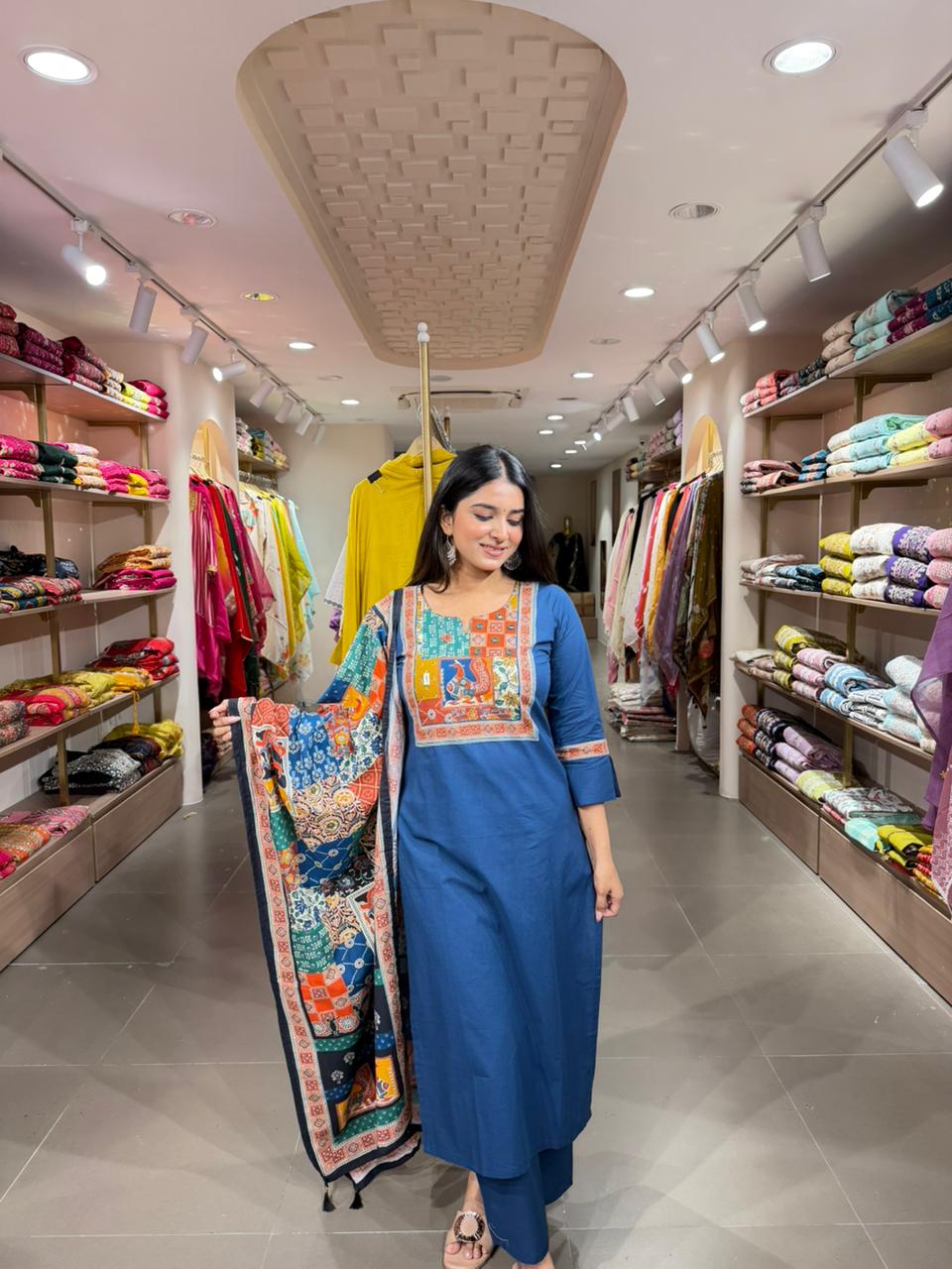 Blue Straight Kurta Set with Printed Dupatta for Women | Casual Ethnic Wear